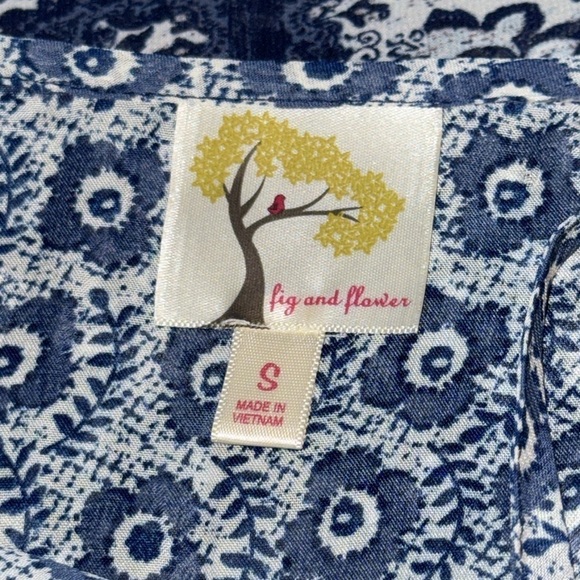 Fig and Flower indigo floral print Boho split collar tunic top blouse Sz S - Picture 5 of 6